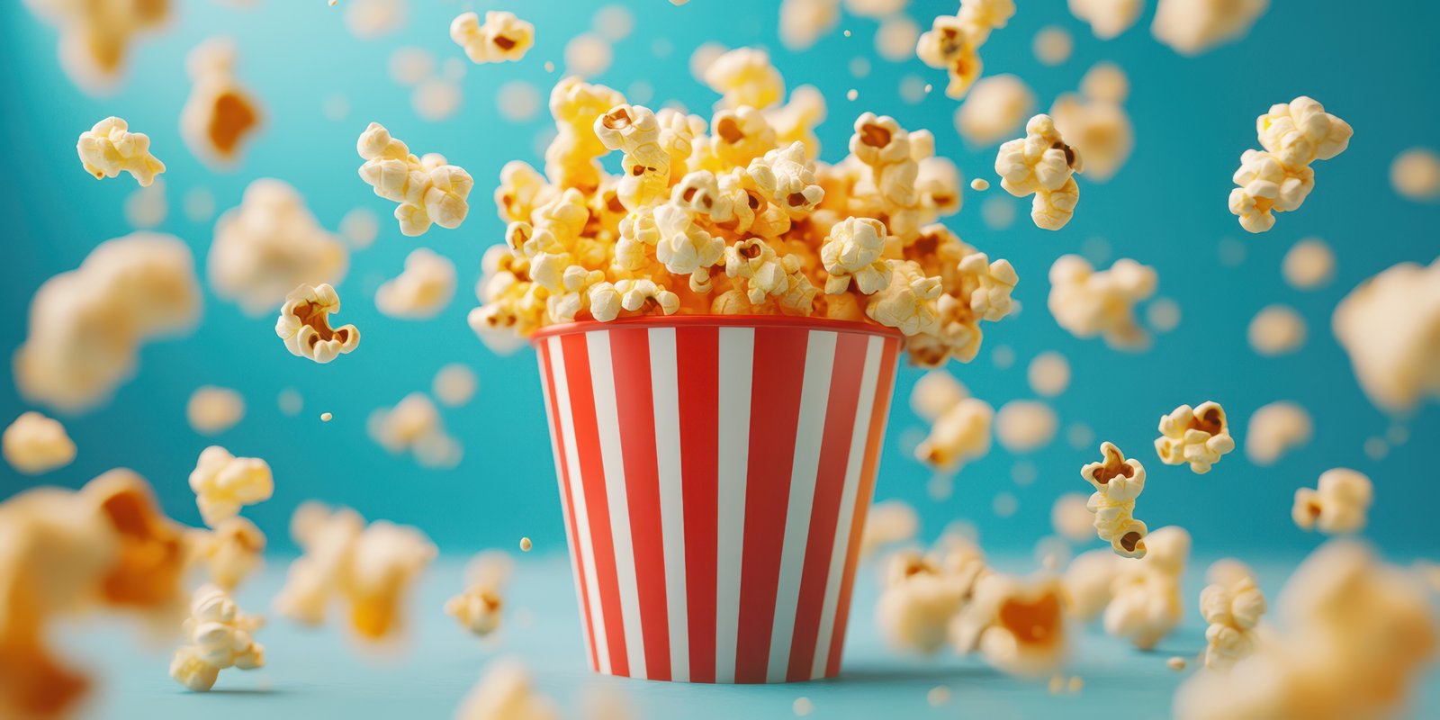 Popcorn bursts from a striped bucket against a bright background during a movie night celebration